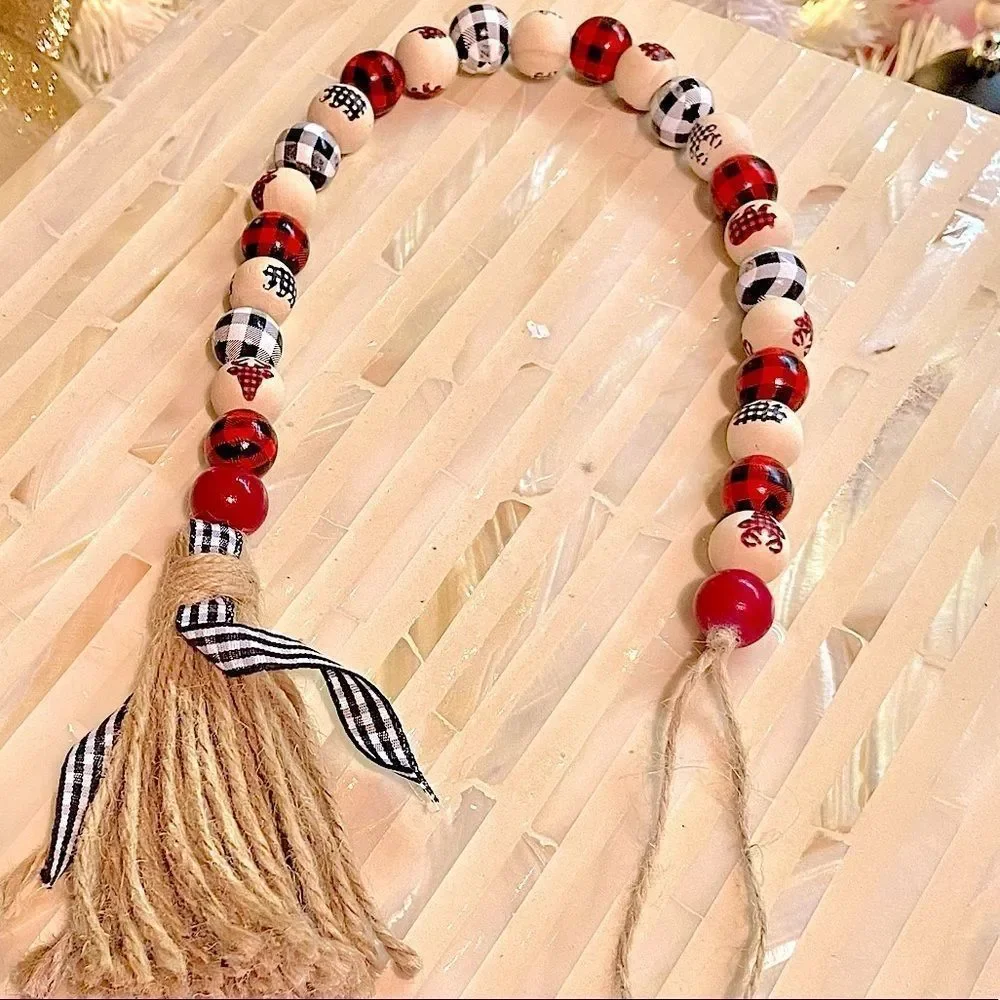 NEW Wood Bead Garland with Plaid Tassels